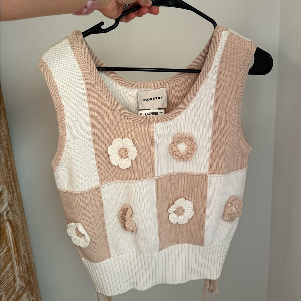 Industry Beige and White Knit Tank with Floral Details